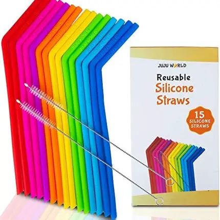 15 FITS ALL TUMBLERS STRAWS - Reusable Silicone Straws for 30 and 20 oz Yeti - Flexible Easy to Clean + 2 Cleaning Brushes - BPA Free, No Rubber Taste Drinking - Best Value for Money Pack