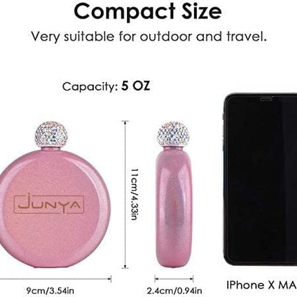 Cute Liquor Flask for Women, Junya 304 Stainless Steel,Pretty Glitter Coating Flasks,Shining Rhinestone Cap,Portable Wine Flask for Drink Bar BBQS and Traveling, Capacity 5 oz (Pink)