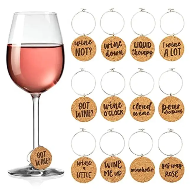 Juvale 12-Pack Funny and Humorous Wine Charms for Stem Glasses, 1-Inch Cork Drink Marker Tags with Gift Box for Dinner Party, Birthday Party Favors, 12 Assorted Designs