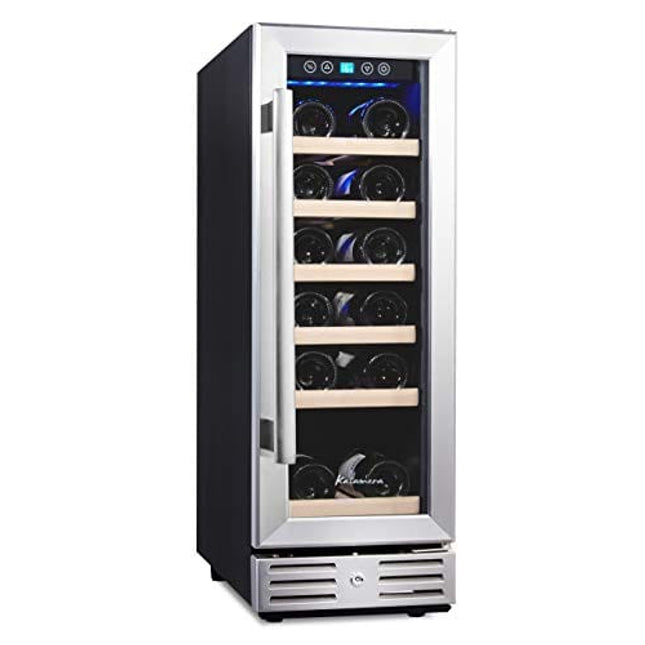 Kalamera Mini Fridge 18 Bottle - 12 inch Wine Cooler Refrigerator, Built-in or Freestanding, with Stainless Steel & Double-Layer Tempered Glass Door, and Temperature Memory Function Wine Fridge