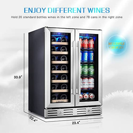 Kalamera Wine Fridge, 24 inch Built in Wine and Beverage Refrigerator, Dual Zone w/ 20 Bottles and 78 Cans Capacity, Digital Touch Control