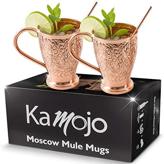 Kamojo Moscow Mule Copper Mugs - Embossed Set of 2 Pure Copper Cups -2 Straws/Stir Sticks -20 Recipe E-book Exclusive