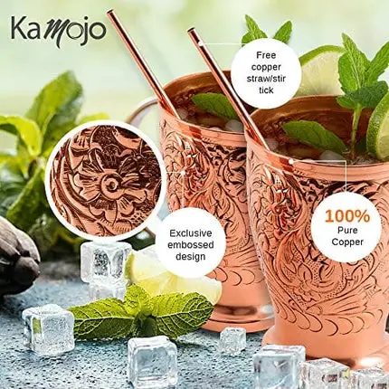 Kamojo Moscow Mule Copper Mugs - Embossed Set of 2 Pure Copper Cups -2 Straws/Stir Sticks -20 Recipe E-book Exclusive