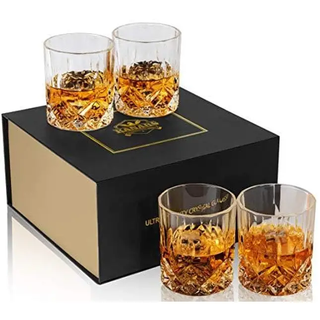 LUXU Whiskey Glasses(Set of 4)-11 oz sculpted Scotch Glass,Old