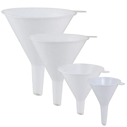 KarZone Plastic Funnel - 4 Pack of Round Kitchen Funnels for Filling Bottles, Jars & Containers - Small Funnel Sets - Automotive Oil Funnel for Gas, Lubricants and Fluids, White