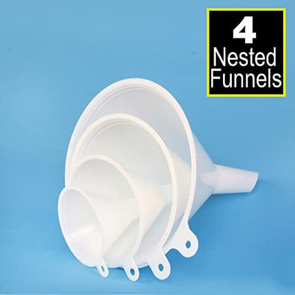 KarZone Plastic Funnel - 4 Pack of Round Kitchen Funnels for Filling Bottles, Jars & Containers - Small Funnel Sets - Automotive Oil Funnel for Gas, Lubricants and Fluids, White