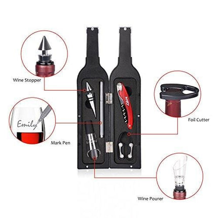Wine Opener Gift Set - Wine Bottle Accessory Kit Corkscrew Opener, Stopper, Pourer, Foil Cutter, Glass Marker and Drink Stickers by Kato, Great Valentine's Gifts, Silver