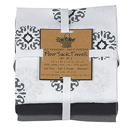 Kay Dee Designs Café Express Collection Medallion Flour Sack Cotton Towels, 26-Inch by 26-Inch, Charcoal, Set of 3 (A8310)