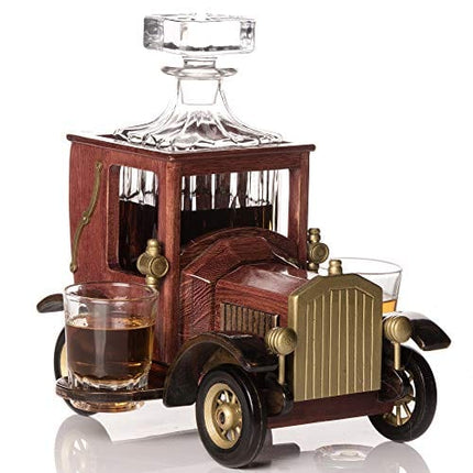 Whiskey Decanter Set with Glasses and Old Fashioned Vintage Car Stand - Bourbon Decanter Set with Glasses for Liquor, Vodka - Whiskey Gifts for Men - Liquor Decanter - Home Bar Accessories