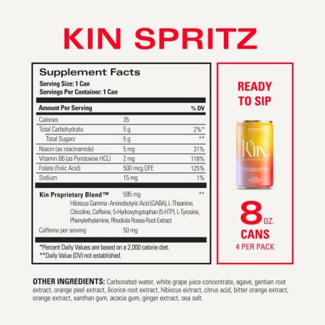 Kin Spritz by Kin Euphorics, Non Alcoholic Spirits, Ready to Drink, Adaptogen, Nootropic, Botanical, Fresh Citrus, Hibiscus, Caffeine, Rhodiola Rosea, Awaken the Mind, Uplift the Mood, 8 Fl Oz (4pk)