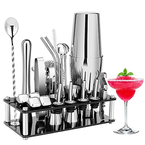 Cocktail Shaker Set, 23-Piece Boston Stainless Steel Bartender Kit with Acrylic Stand & Cocktail Recipes Booklet (Include 4 Whiskey Stones)