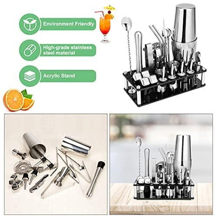 Cocktail Shaker Set, 23-Piece Boston Stainless Steel Bartender Kit with Acrylic Stand & Cocktail Recipes Booklet, Professional Bar Tools for Drink Mixing, Home, Bar, Party (Include 4 Whiskey Stones)