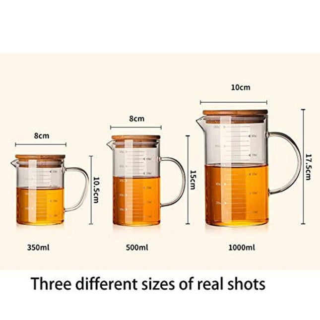 KINNOSE Graduated Beaker Mug with Handle and Durable Bamboo Lid Borosilicate Glass Multi-Function Food Grade Measuring Cup 1000ML