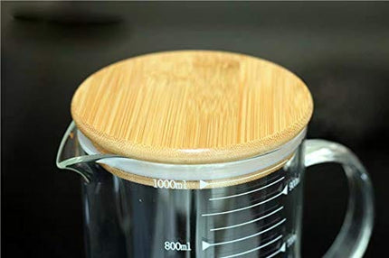 KINNOSE Graduated Beaker Mug with Handle and Durable Bamboo Lid Borosilicate Glass Multi-Function Food Grade Measuring Cup 1000ML
