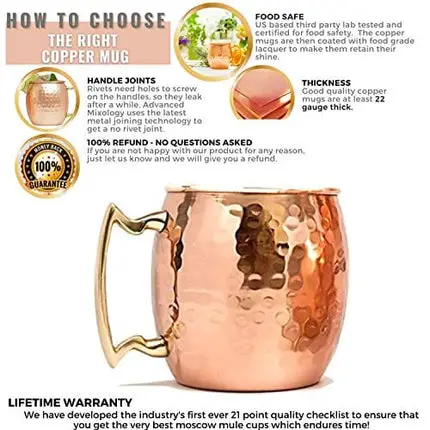 Kitchen Science Moscow Mule Copper Mugs Set of 4 (16oz) w/ 4 Straws & 1 Jigger | 100% Pure Copper Cups, Tarnish-Resistant, Ergonomic Handle (No Rivet) w/ Solid Grip (1 - Set of 4)