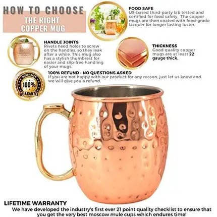 Kitchen Science Stainless Steel Lined Moscow Mule Copper Mugs - Gift Set of 4 (18 oz)