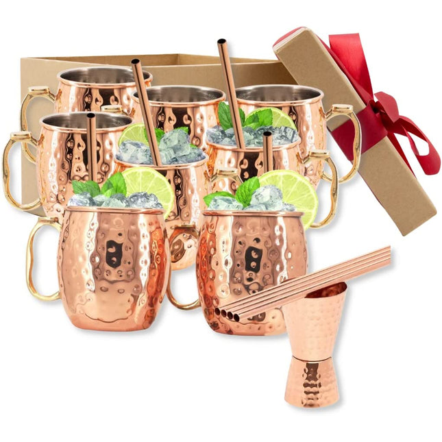 Kitchen Science [Gift Set] Moscow Mule Mugs, Stainless Steel Lined Copper Moscow Mule Cups Set of 8 (18oz) w/Straws, Jigger, Spoon & Brush | Tarnish-Resistant Stainless Steel Interior