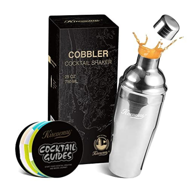 KITESSENSU Cobbler Cocktail Shaker - 24oz Martini Shaker with Strainer - Premium 18/8 Stainless Stee Drink Mixing Shaker with Recipes Booklet - Silver