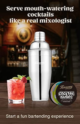 KITESSENSU Cobbler Cocktail Shaker - 24oz Martini Shaker with Strainer - Premium 18/8 Stainless Stee Drink Mixing Shaker with Recipes Booklet - Silver