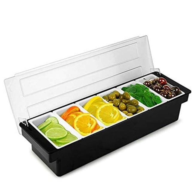 Clear Condiment Dispenser Restaurant Bar Serving Tray Ice Chilled Organizer with Station and Lid for Serving Fruits, Ice Cream, Salad, Toppings( 6 Compartments)