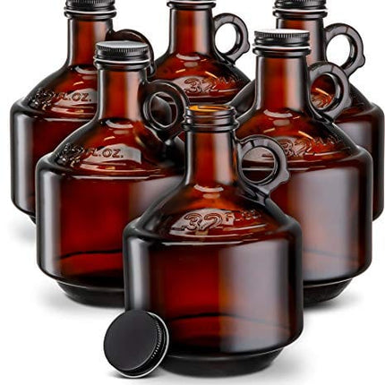 Amber Glass Bottles, by Kook, Growlers, with Black Plastisol Lined Lids, Beer, Soda, Cider, Kombucha, Set of 6, 32oz,