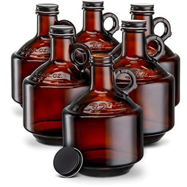 Amber Glass Bottles, by Kook, Growlers, with Black Plastisol Lined Lids, Beer, Soda, Cider, Kombucha, Set of 6, 32oz,