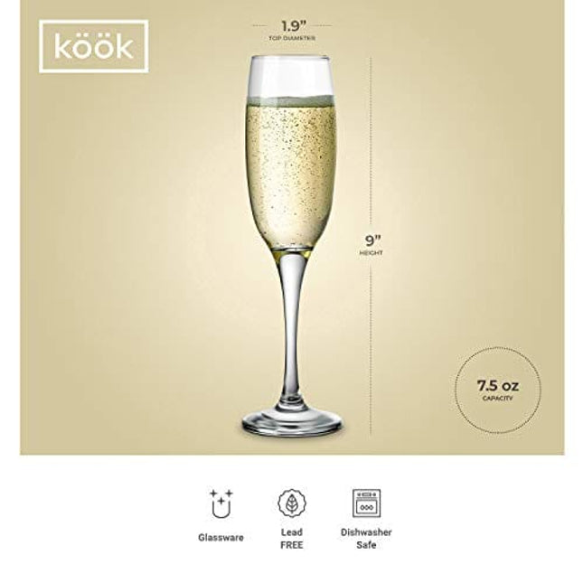 KooK Premium Clear Glass Champagne Flutes, Thin Stem, 7 ounce (12)