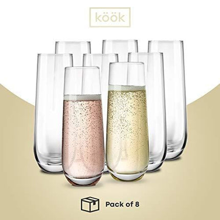 Stemless Champagne Flutes, by KooK, Durable Glass, Set of 8, 10.5oz