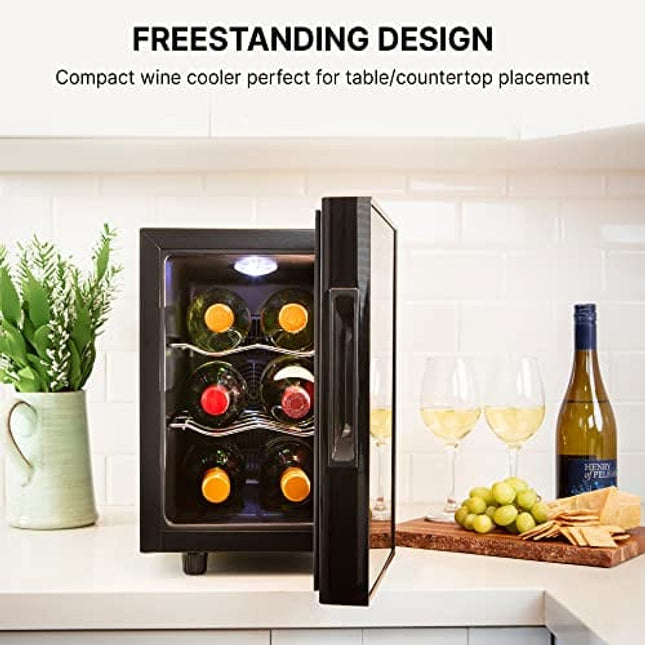 Koolatron 6 Bottle Wine Cooler, Black, Thermoelectric Wine Fridge, 0.65 cu. ft. (16L), Freestanding Wine Cellar, Red, White and Sparkling Wine Storage for Small Kitchen, Apartment, Condo, RV