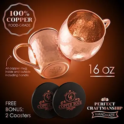 KoolBrew Copper Roze Moscow Mule Copper Mugs Gift Set of 2 Copper Mule Mugs and 2 Coasters, 100% Pure Solid Copper Cups with Hammered Finish