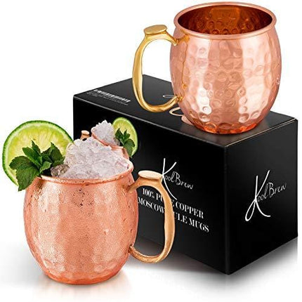 KoolBrew Moscow Mule Copper Mugs - Gift Set of 2, 100% Solid Handcrafted Copper Cups - 16 Ounce Food Safe Hammered Mug For Mules