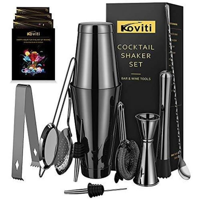 Cocktail Shaker - Koviti 12 Piece Bartender Kit - Stainless Steel Cocktail Shaker Set, Premium Bar Set for Home, Bars, Parties and Traveling(Black)