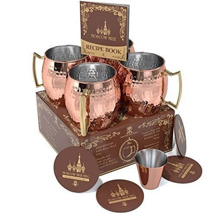 Krown Kitchen - Hammered Moscow Mule Copper Mug Set of 4| Stainless Steel Lining | 16 oz