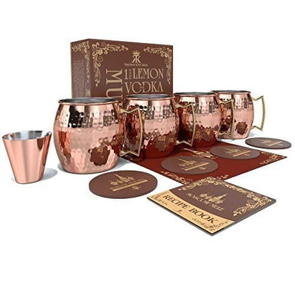 Krown Kitchen - Hammered Moscow Mule Copper Mug Set of 4| Stainless Steel Lining | 16 oz