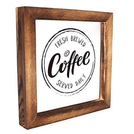 KU-DaYi Fresh Coffee Framed Block Sign 8 x 8 inches Rustic Farmhouse Style Solid Wood Sign Art Standing On Shelf Table Friend Idea.