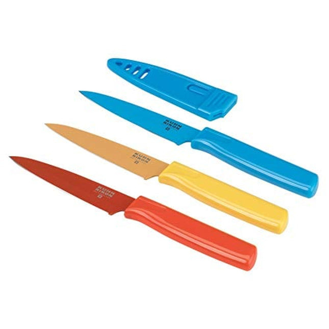 Kuhn Rikon Straight Paring Knife with Safety Sheath, 4 inch/10.16 cm Blade, Red, Yellow & Blue (Pack of 1)