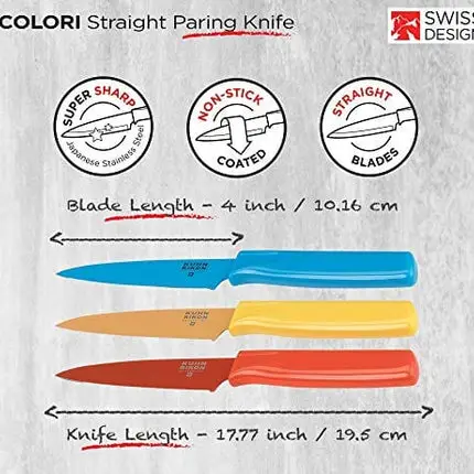 Kuhn Rikon Straight Paring Knife with Safety Sheath, 4 inch/10.16 cm Blade, Red, Yellow & Blue (Pack of 1)