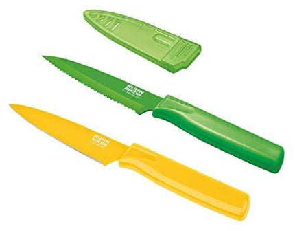 Kuhn Rikon Serrated Paring Knife with Safety Sheath, 4 inch/10.16 cm Blade, Green & Yellow