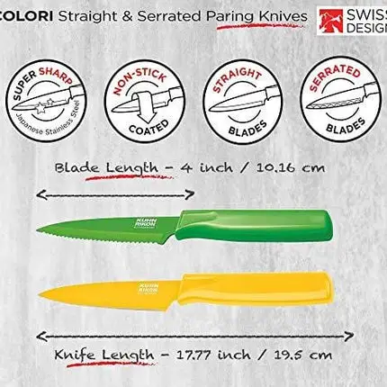 Kuhn Rikon Serrated Paring Knife with Safety Sheath, 4 inch/10.16 cm Blade, Green & Yellow