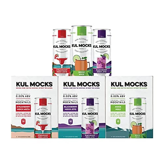 KUL MOCKS - Craft Mocktails | Ready-to-Drink Non-Alcoholic Cocktails | 0.00% ABV | Award Winning | Mock Mule, Strawberry Mock-arita, Blackberry Mock-jito | Variety - 12 Pack