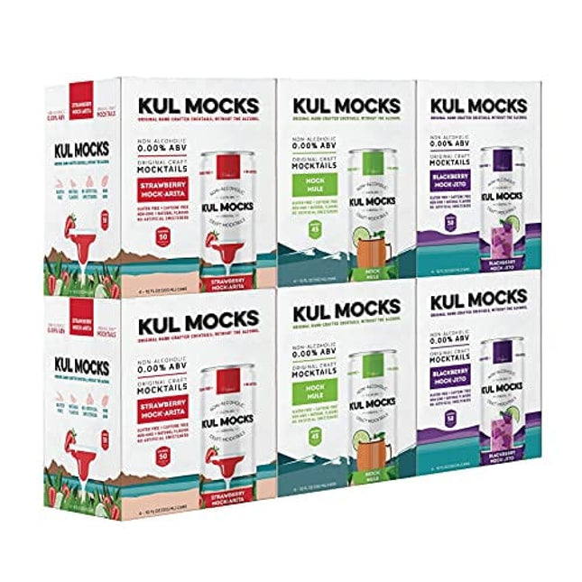 KUL MOCKS - Craft Mocktails | Ready-to-Drink Non-Alcoholic Cocktails | 0.00% ABV | Award Winning | Mock Mule, Strawberry Mock-arita, Blackberry Mock-jito | Variety - 24 Pack