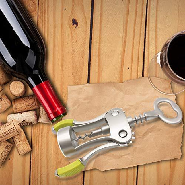 Stainless Steel Wing Corkscrew Wine Opener, Waiters Corkscrew Cork and Beer Cap Bottles Opener Remover, Used in Kitchen Restaurant Chateau and Bars，Green