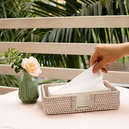 Rattan Guest Towel Holder For Bathroom Towel Caddy Rectangular Napkin Tray 9.4 x 5.9 x 2.4 inches Wicker Toilet Tank Basket Tissue Paper Hand Towels Storage Countertop (Guest Towel, White Wash)