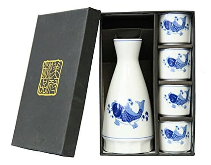 LakeTian Ceramic Japanese Sake Set of 5, Hand Painted, variety colors (fish)