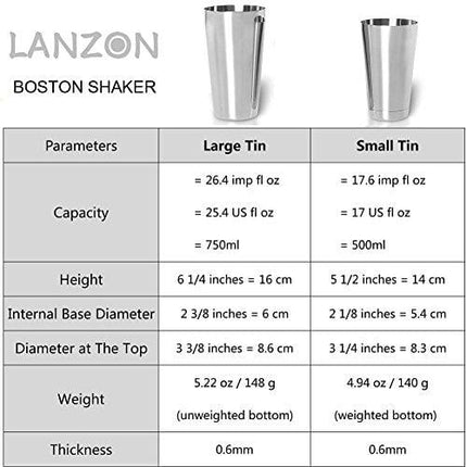 LANZON Boston Cocktail Shaker: 2-Piece All Stainless Steel Boston Shaker Tins, 18oz Weighted & 26oz Unweighted Boston Cocktail Shaker Bar Set for Professional Bartenders and Home Cocktail Lovers