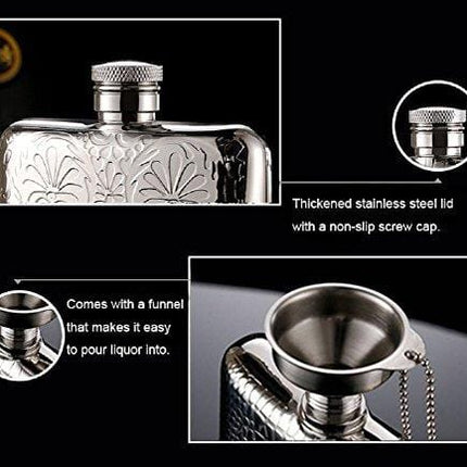 LANZON Hip Flask with Funnel, All 18/8 304 Food Grade Stainless Steel Curved Pocket Flask for Liquor | 6 OZ Capacity | Gift Boxed (Flower Pattern)