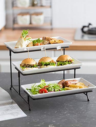 LAUCHUH 3 Tier Serving Stand Collapsible Sturdier Rack with 3 Porcelain Serving Platters Tier Serving Trays for Fruit Dessert Presentation Party Display Set
