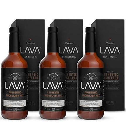 (3 Pack) LAVA All Natural Authentic Michelada Mix Craft Cocktail Mixer, Made with Real Tomatoes, Ancho Chile Peppers, Tamarind, No Junk Ingredients, Vegan, 1-Liter (33.8oz) Glass Bottle, Ready to Use