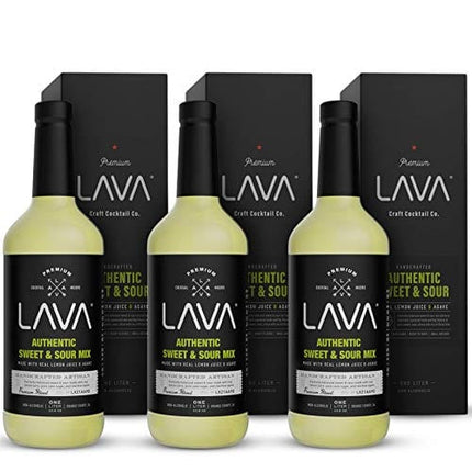 (3 Pack) LAVA Premium Authentic Sweet & Sour Mix, Made with Real Lemon Juice, Lime Juice, Raw Blue Agave, No Artificial Sweeteners. Whiskey Sour, Long Island Iced Tea, Lemon Drop. 33.8oz Glass Bottles
