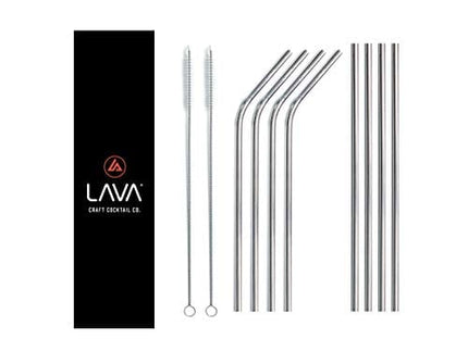 LAVA Premium 10pc 9.5" (6mm Diameter) Stainless Steel Metal Straws Includes (4) Straight Straws, (4) Bent Straws and (2) Cleaning Brushes with Travel Pouch